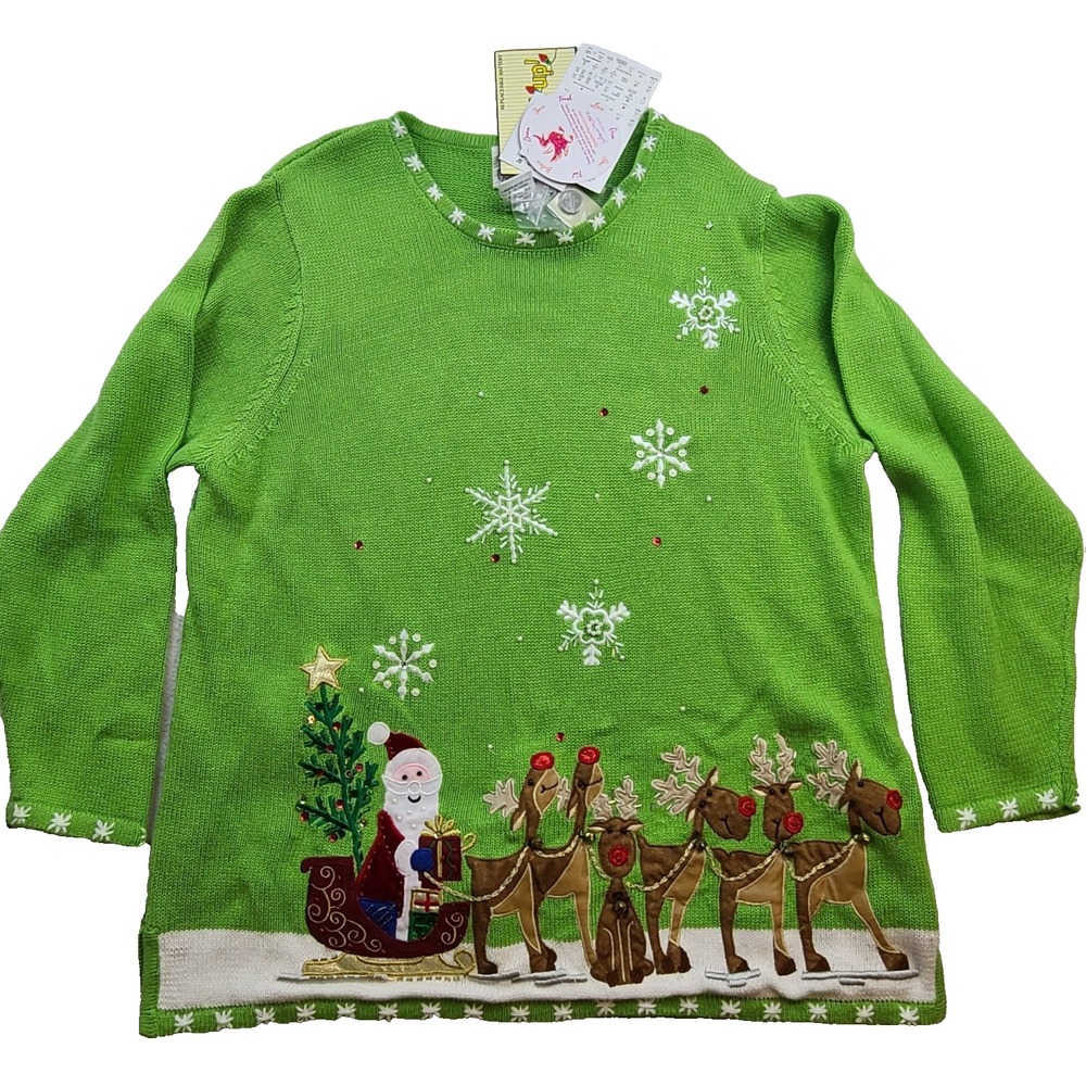 Quacker Factory Women’s 1X Lime GR Light Up Christmas Sweater Santa Reindeer NWT